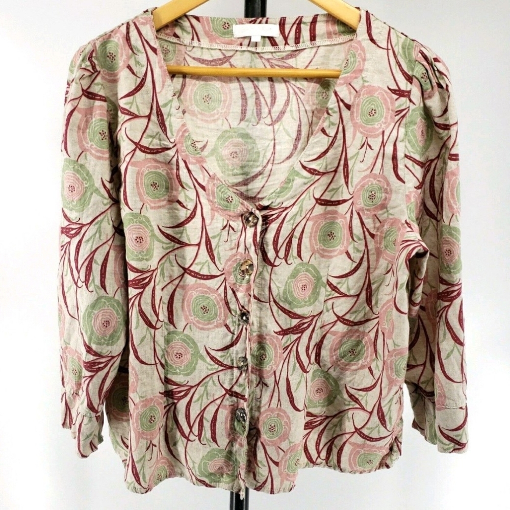 Sahara Linen Top Floral Button Up Blouse Size Medium M Lagenlook Shirt Casual
